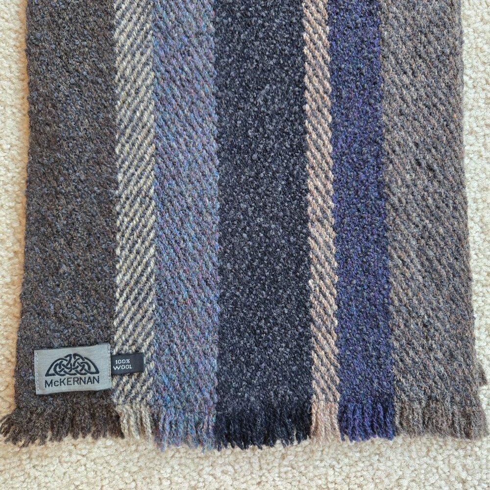 NWOT McKernan Wool Striped Scarf Blue Grey Black Ireland - Picture 4 of 7